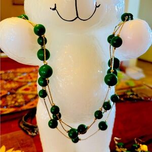 Necklace Green Glass Beads Gold chains layered 19” Classic